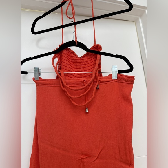 Amazon Red Boho Halter Maxi Dress Smocked Bodice Ruffle Hem Summer Chic Size M - Picture 8 of 11